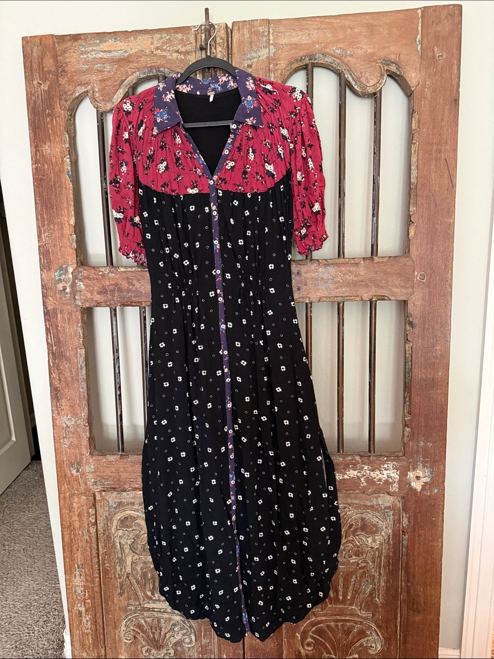 Free People Black and Berry Floral Button-Front Midi Dress